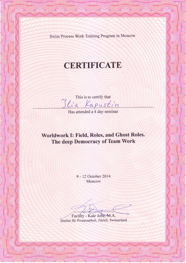 Certificate of Kapustin Ilya Victorovich "Worldwork I: Field, Roles and Ghost Roles. The deep Democracy of Team Work"